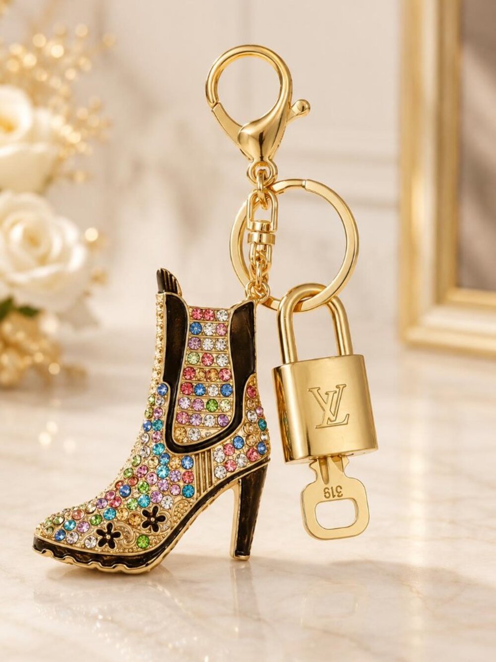 Authentic LV Gold Padlock & Key 🔑 Designer Bag Charm w/ Unbranded Shoe Keychain